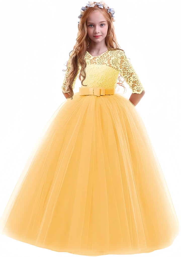 TinyTulle Elegant Lace Half Sleeve Tulle Ball Gown Flower Girl Dress with Bow Belt