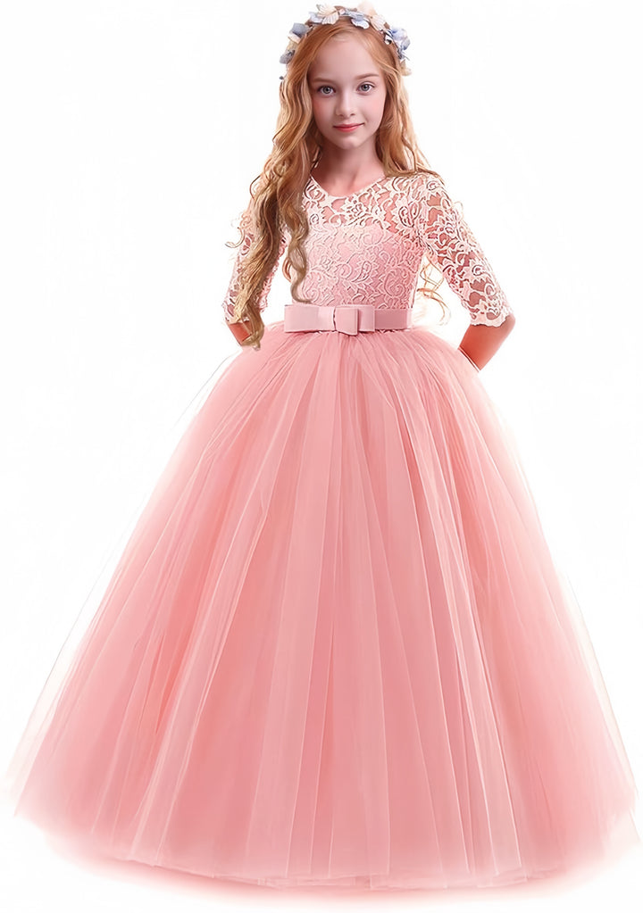 TinyTulle Elegant Lace Half Sleeve Tulle Ball Gown Flower Girl Dress with Bow Belt