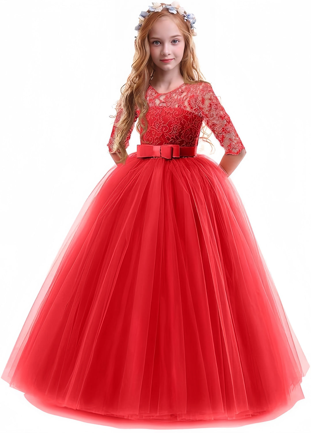 TinyTulle Elegant Lace Half Sleeve Tulle Ball Gown Flower Girl Dress with Bow Belt