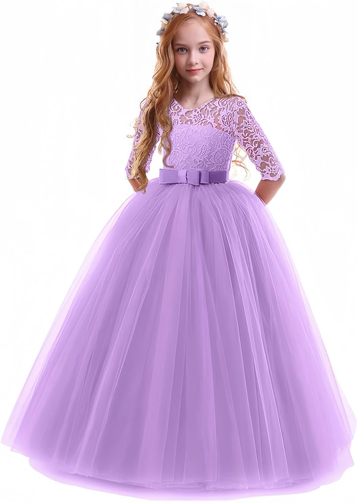 TinyTulle Elegant Lace Half Sleeve Tulle Ball Gown Flower Girl Dress with Bow Belt