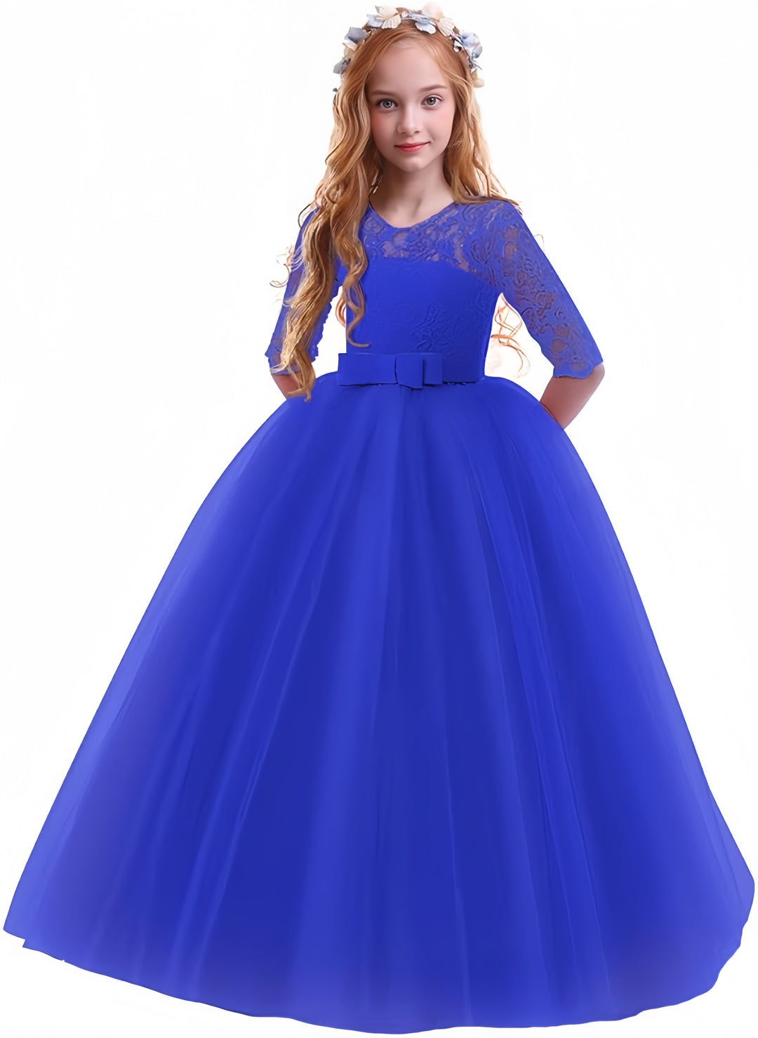 TinyTulle Elegant Lace Half Sleeve Tulle Ball Gown Flower Girl Dress with Bow Belt