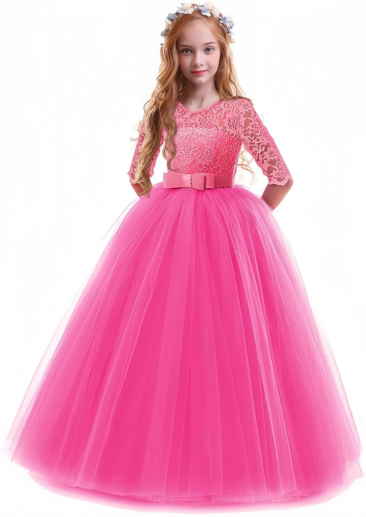 TinyTulle Elegant Lace Half Sleeve Tulle Ball Gown Flower Girl Dress with Bow Belt