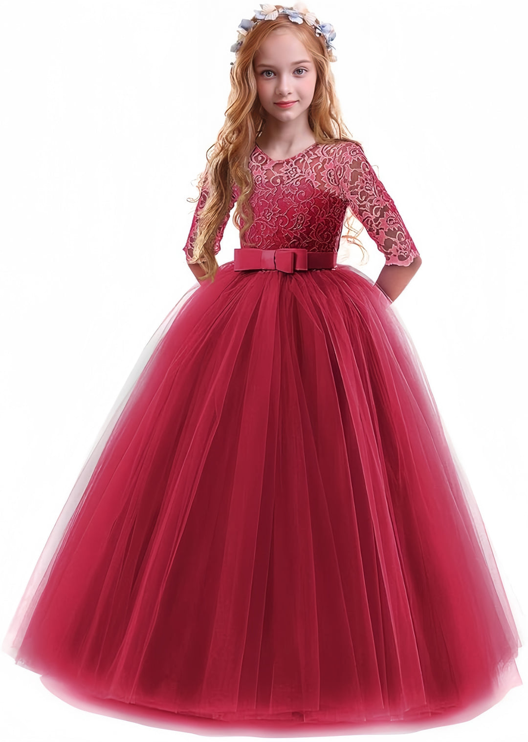 TinyTulle Elegant Lace Half Sleeve Tulle Ball Gown Flower Girl Dress with Bow Belt