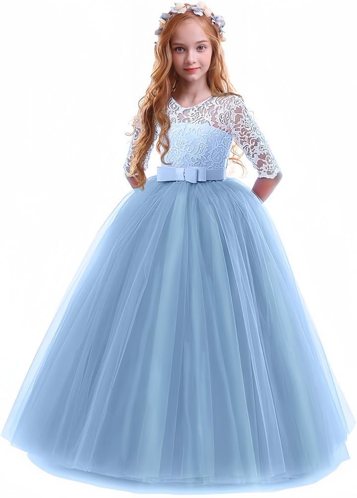 TinyTulle Elegant Lace Half Sleeve Tulle Ball Gown Flower Girl Dress with Bow Belt