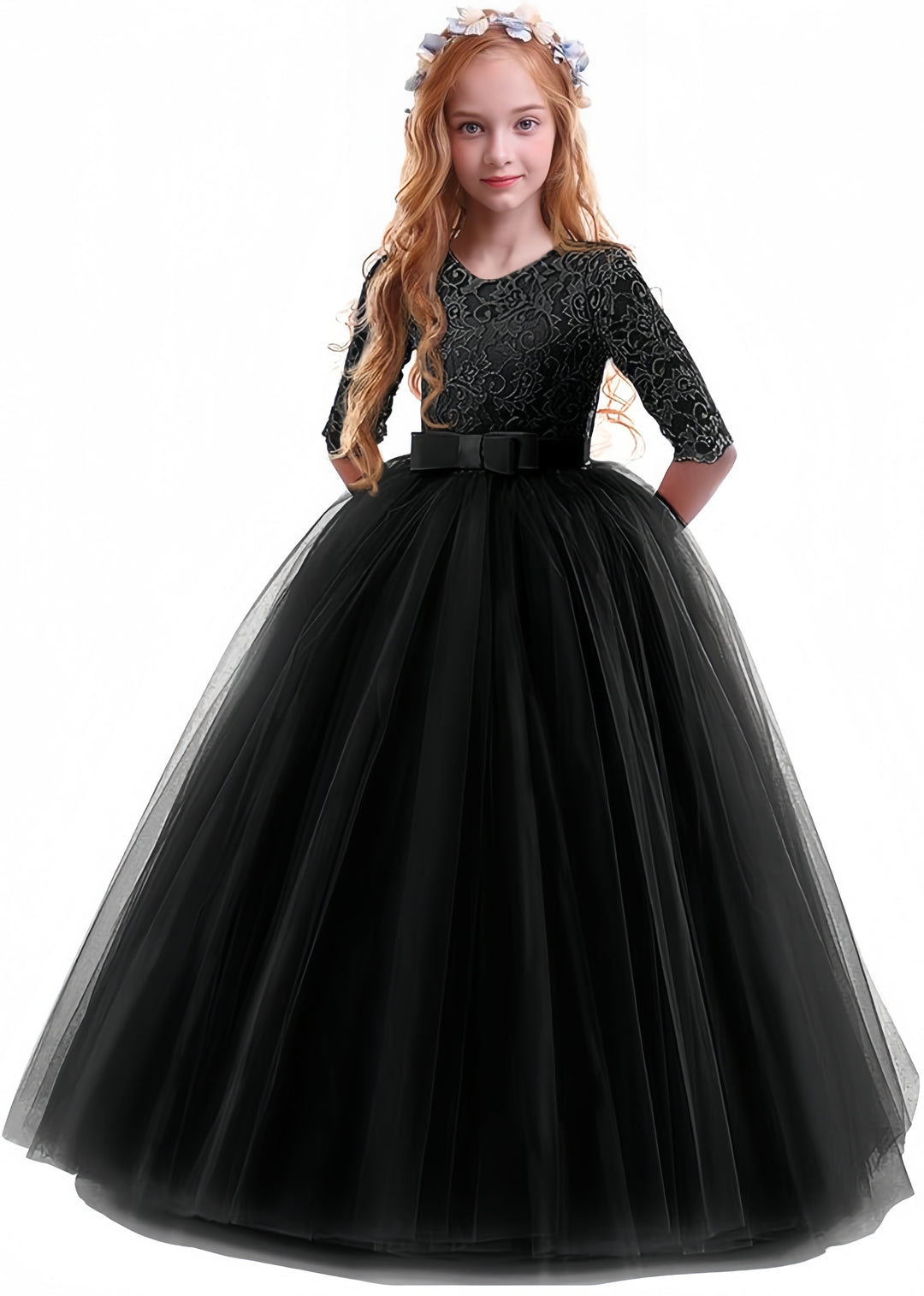TinyTulle Elegant Lace Half Sleeve Tulle Ball Gown Flower Girl Dress with Bow Belt