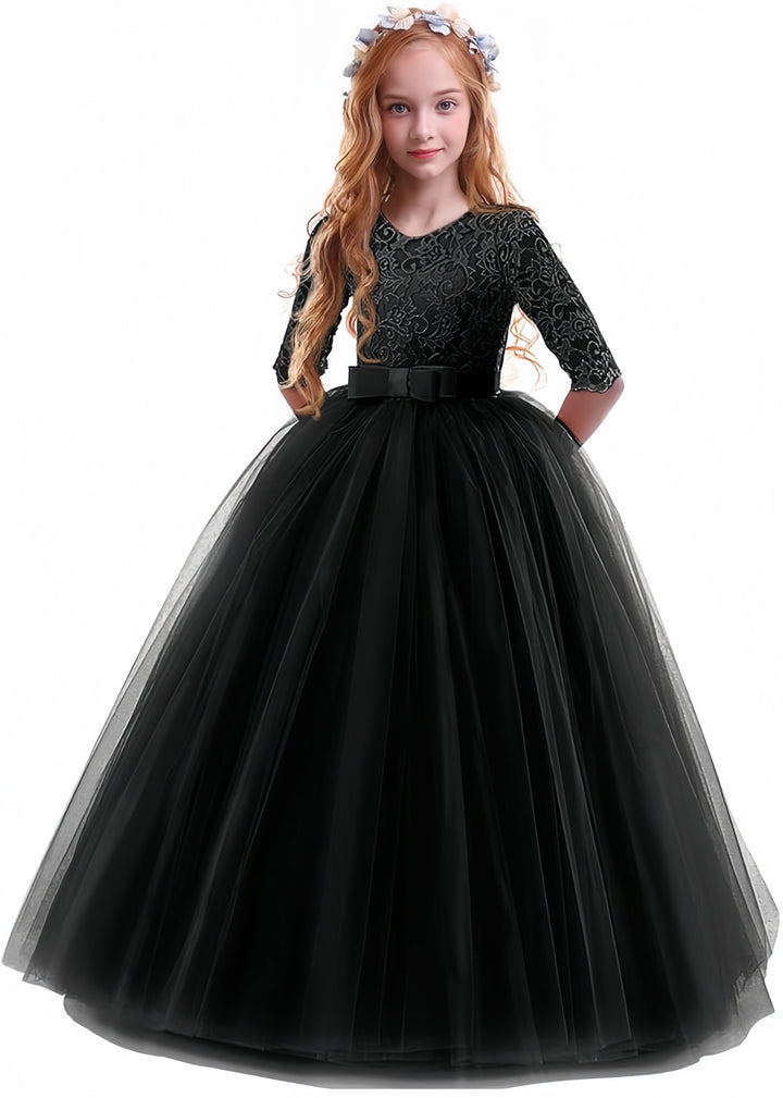 TinyTulle Elegant Lace Half Sleeve Tulle Ball Gown Flower Girl Dress with Bow Belt