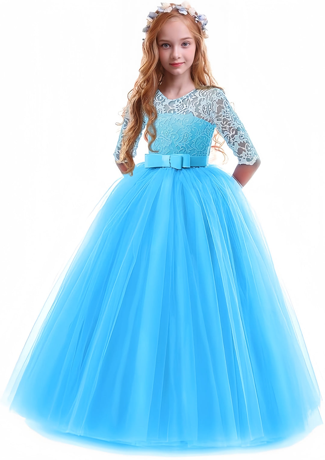 TinyTulle Elegant Lace Half Sleeve Tulle Ball Gown Flower Girl Dress with Bow Belt