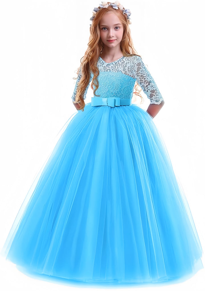 TinyTulle Elegant Lace Half Sleeve Tulle Ball Gown Flower Girl Dress with Bow Belt