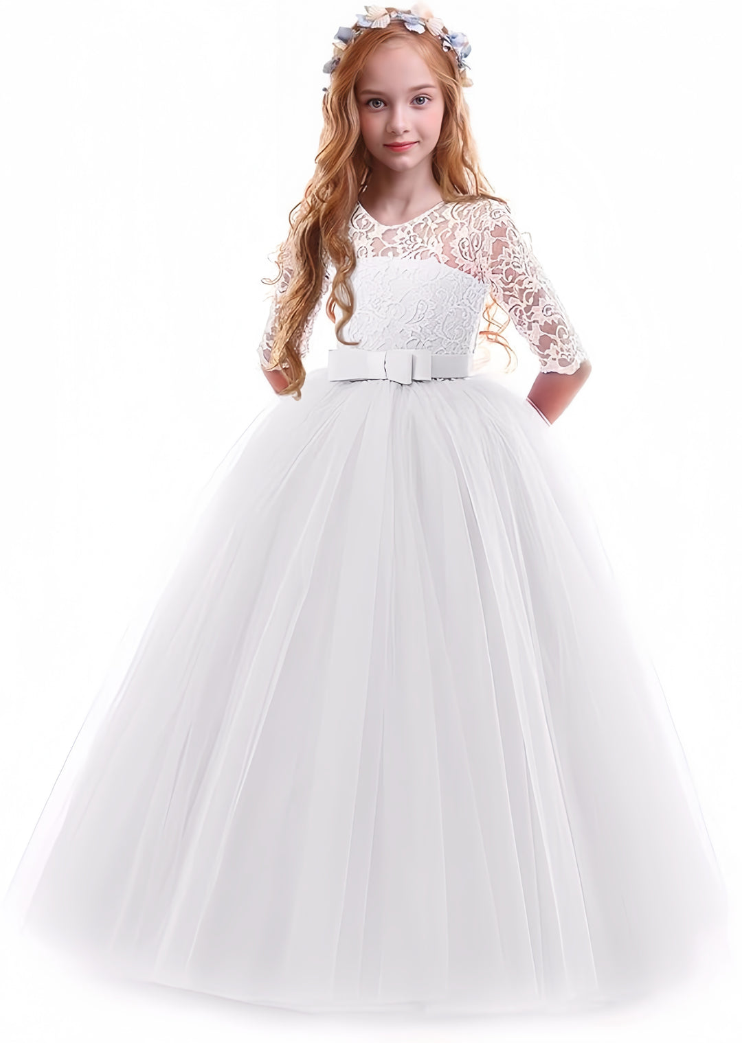 TinyTulle Elegant Lace Half Sleeve Tulle Ball Gown Flower Girl Dress with Bow Belt