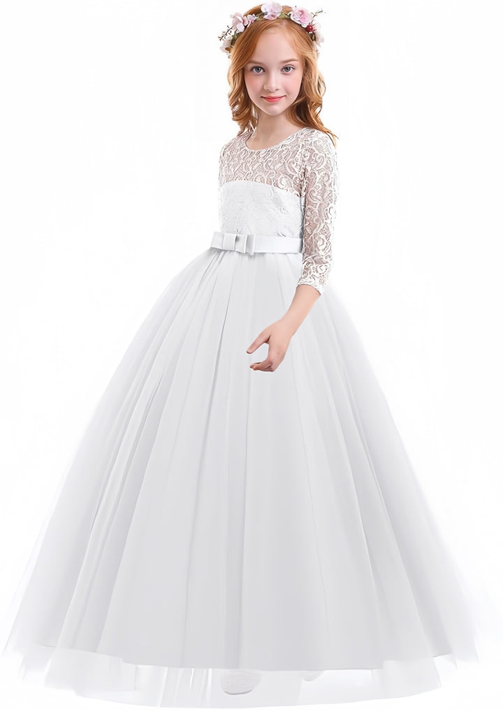 TinyTulle Elegant Lace Half Sleeve Tulle Ball Gown Flower Girl Dress with Bow Belt