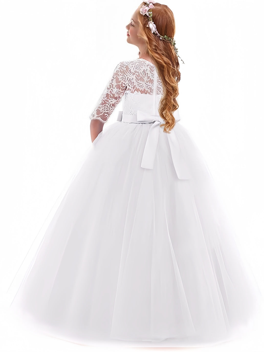 TinyTulle Elegant Lace Half Sleeve Tulle Ball Gown Flower Girl Dress with Bow Belt