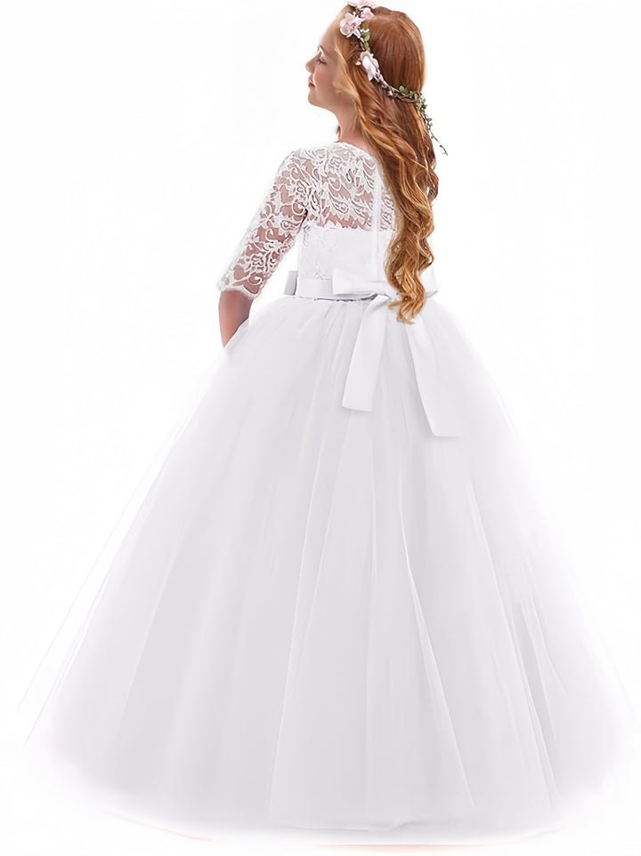 TinyTulle Elegant Lace Half Sleeve Tulle Ball Gown Flower Girl Dress with Bow Belt