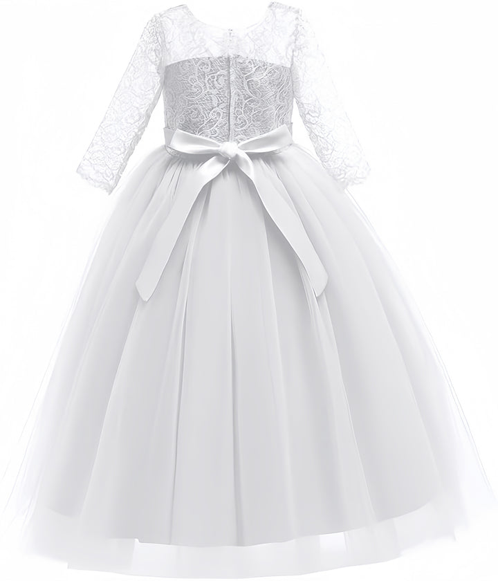 TinyTulle Elegant Lace Half Sleeve Tulle Ball Gown Flower Girl Dress with Bow Belt