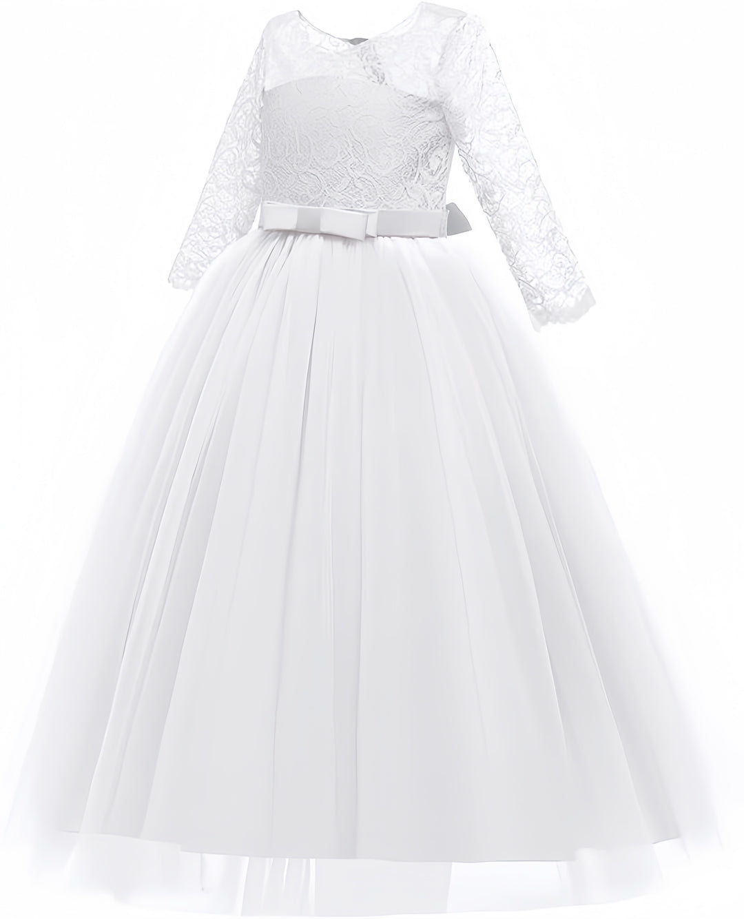 TinyTulle Elegant Lace Half Sleeve Tulle Ball Gown Flower Girl Dress with Bow Belt