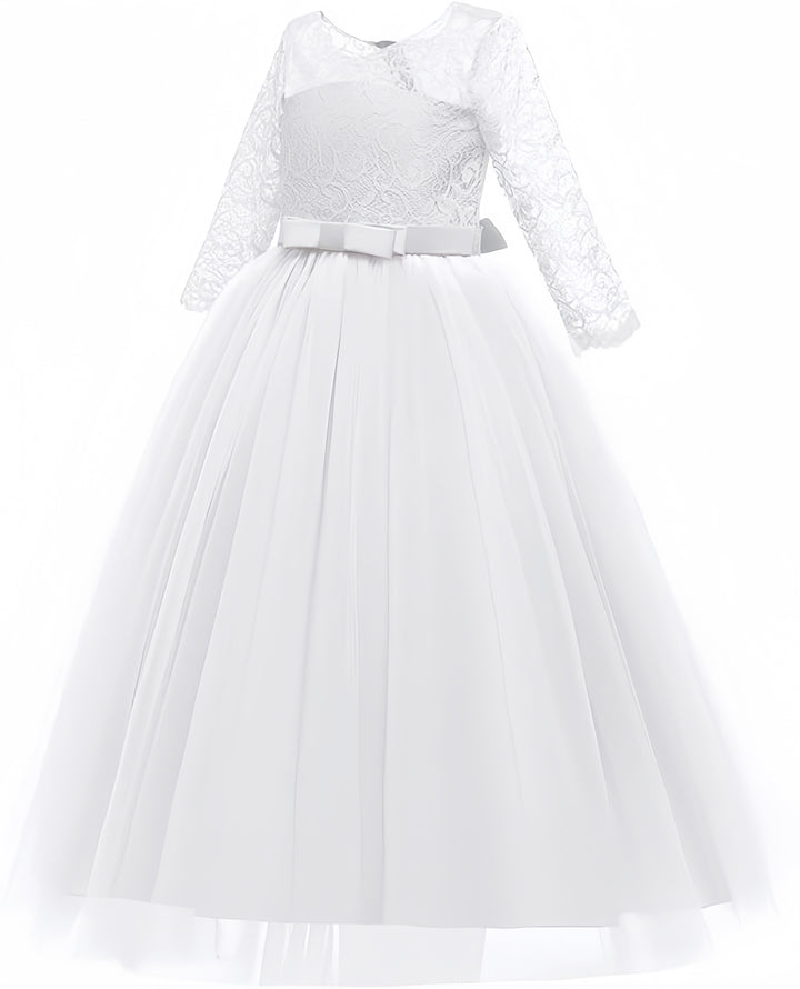 TinyTulle Elegant Lace Half Sleeve Tulle Ball Gown Flower Girl Dress with Bow Belt