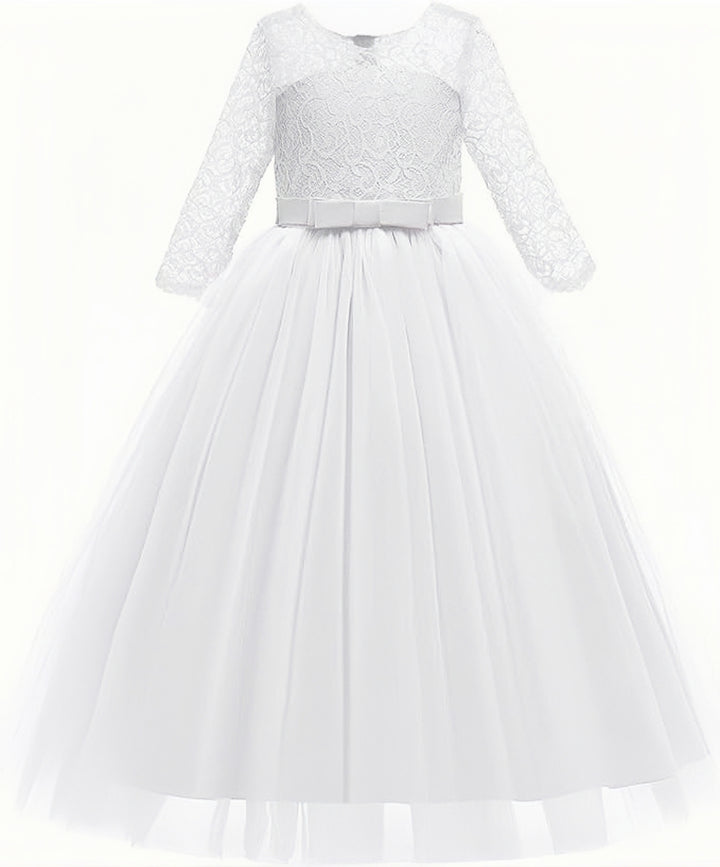 TinyTulle Elegant Lace Half Sleeve Tulle Ball Gown Flower Girl Dress with Bow Belt