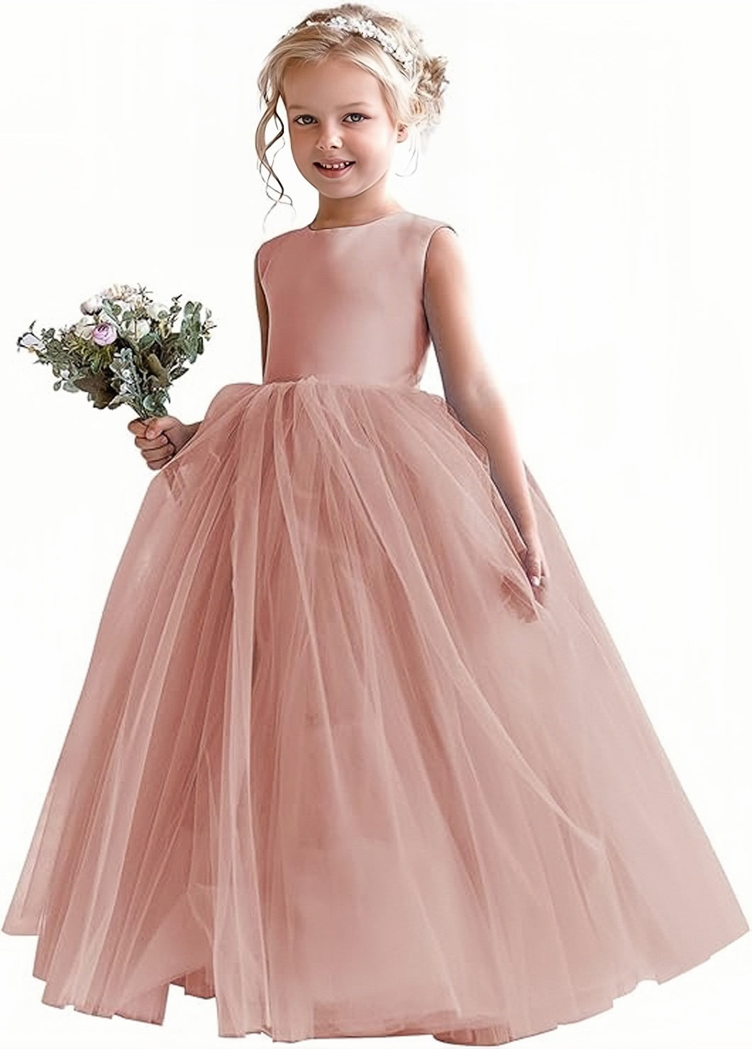 TinyTulle Elegant Satin Sleeveless Fluffy Tulle Ball Gown Flower Girl Dress