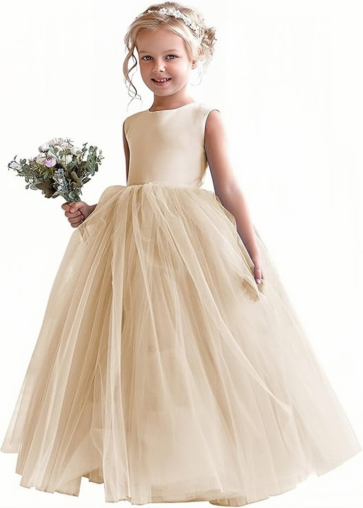 TinyTulle Elegant Satin Sleeveless Fluffy Tulle Ball Gown Flower Girl Dress
