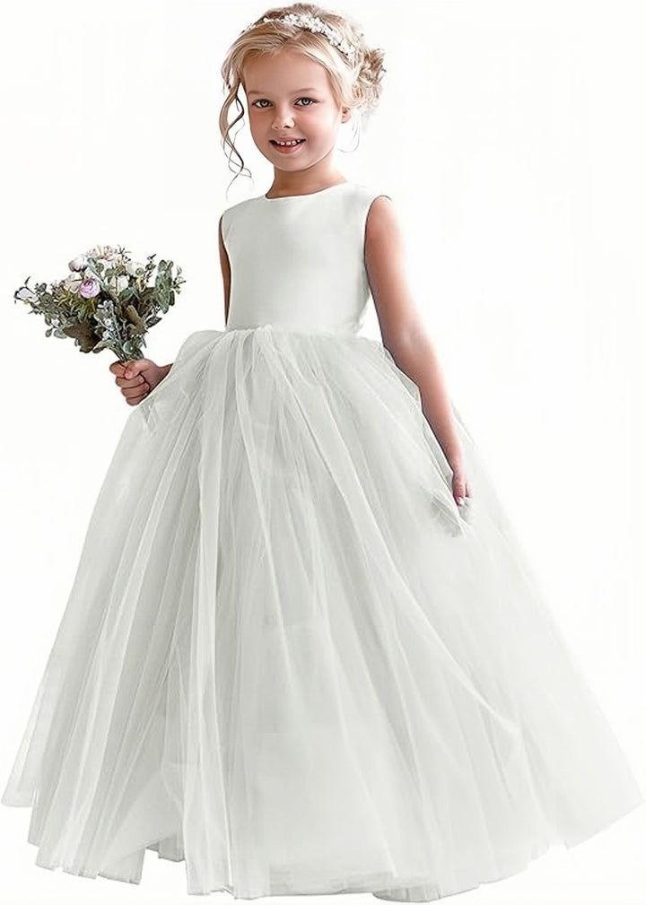 TinyTulle Elegant Satin Sleeveless Fluffy Tulle Ball Gown Flower Girl Dress