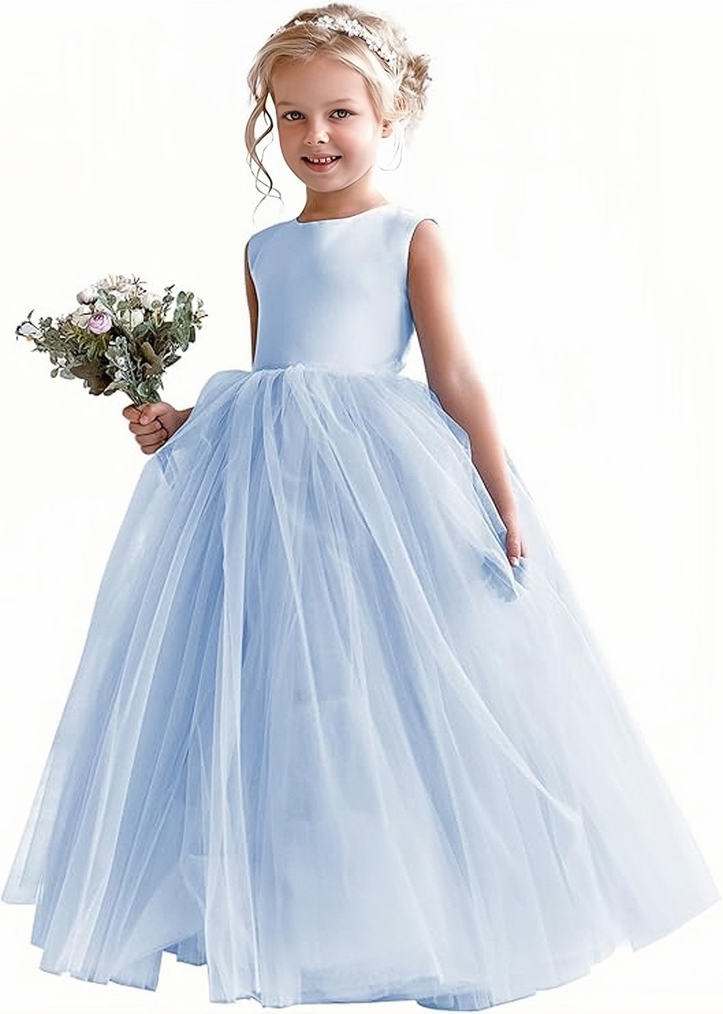 TinyTulle Elegant Satin Sleeveless Fluffy Tulle Ball Gown Flower Girl Dress