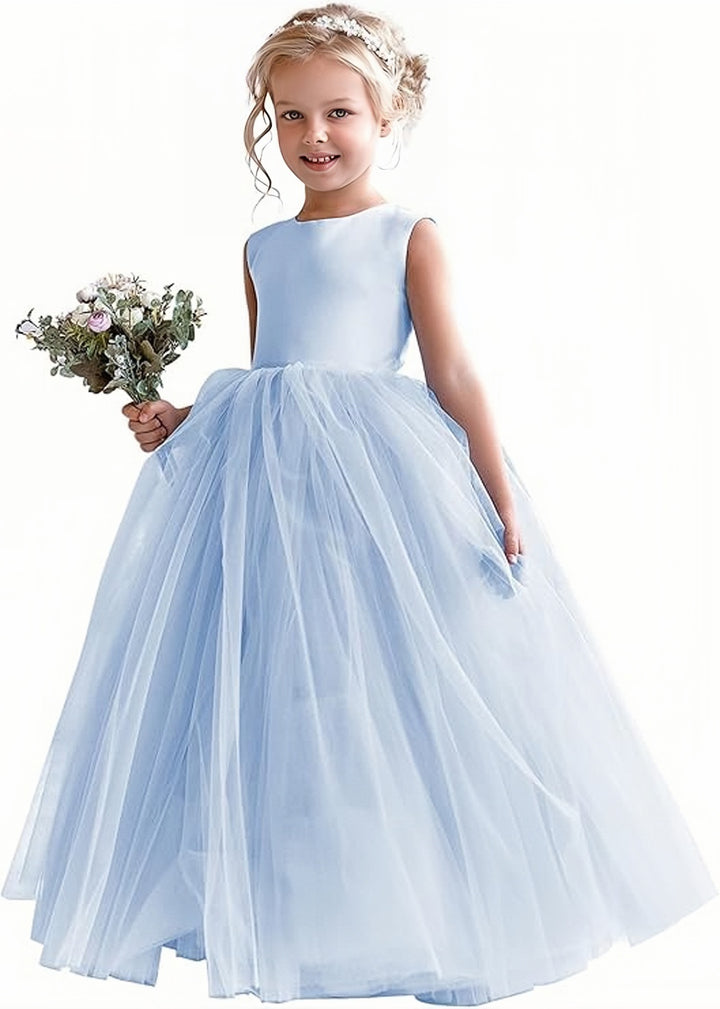 TinyTulle Elegant Satin Sleeveless Fluffy Tulle Ball Gown Flower Girl Dress