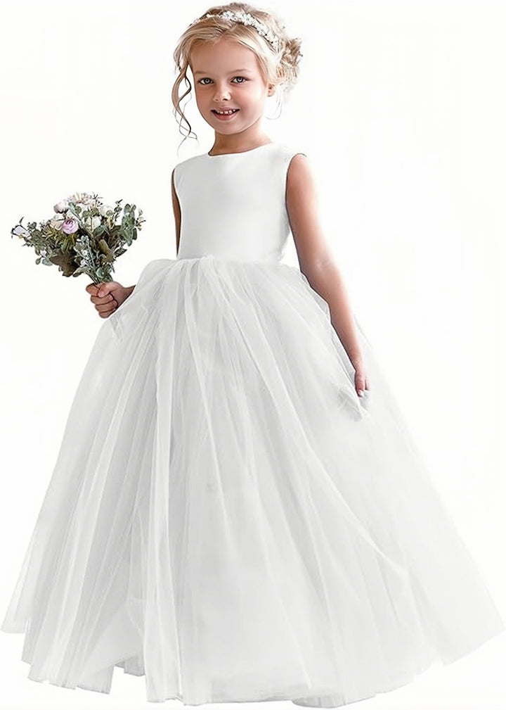 TinyTulle Elegant Satin Sleeveless Fluffy Tulle Ball Gown Flower Girl Dress