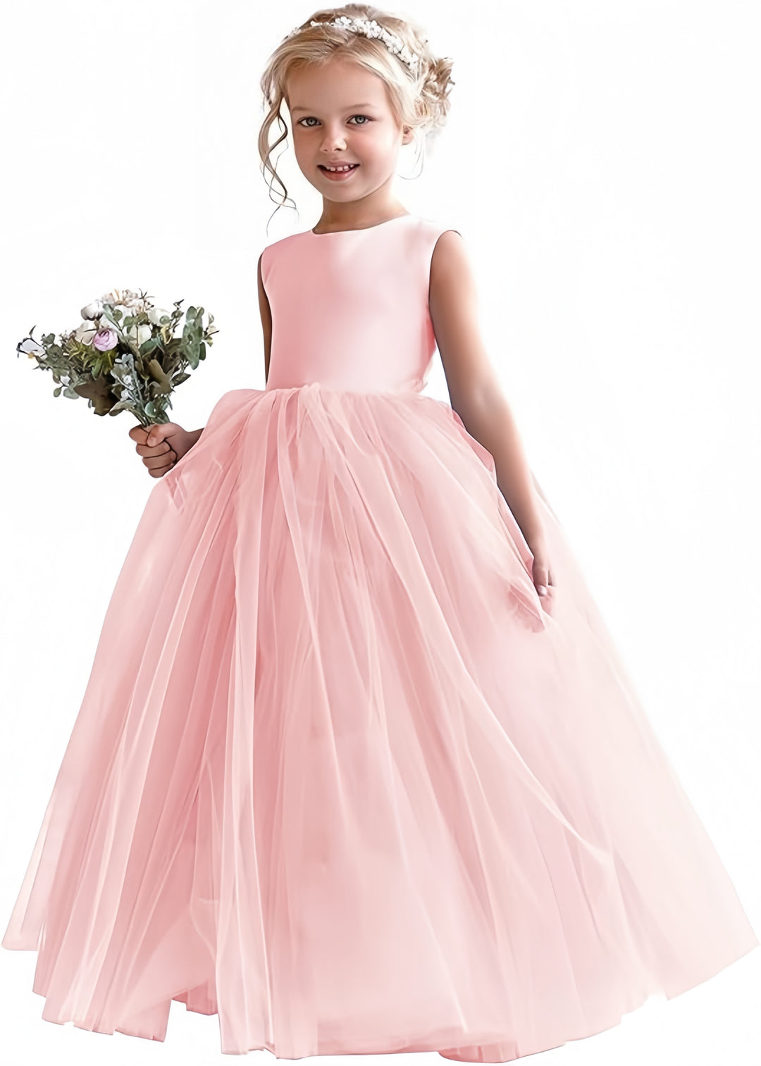 TinyTulle Elegant Satin Sleeveless Fluffy Tulle Ball Gown Flower Girl Dress