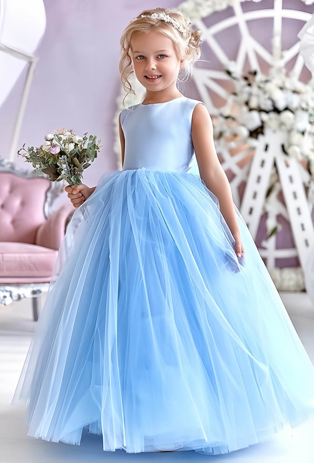 TinyTulle Elegant Satin Sleeveless Fluffy Tulle Ball Gown Flower Girl Dress