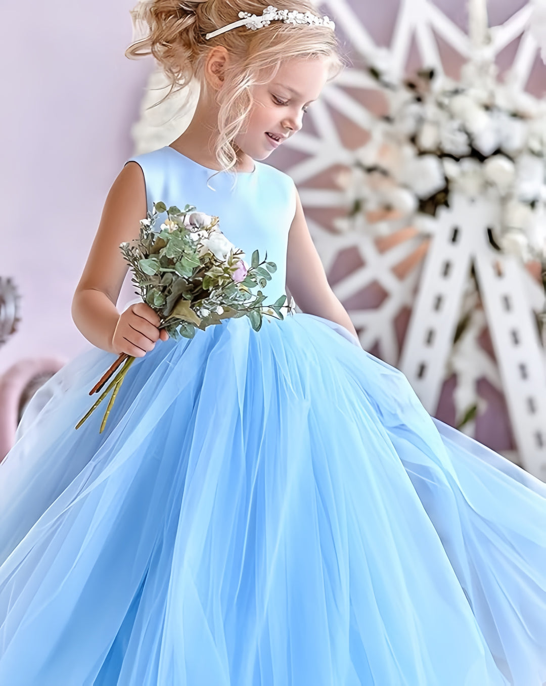 TinyTulle Elegant Satin Sleeveless Fluffy Tulle Ball Gown Flower Girl Dress