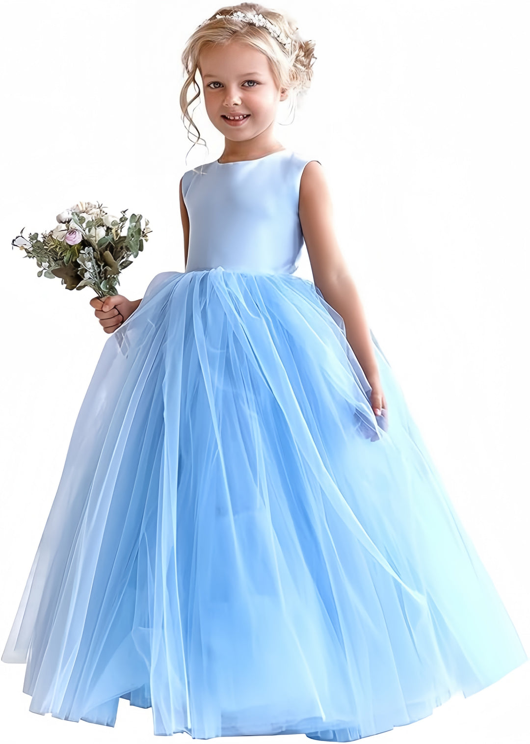 TinyTulle Elegant Satin Sleeveless Fluffy Tulle Ball Gown Flower Girl Dress