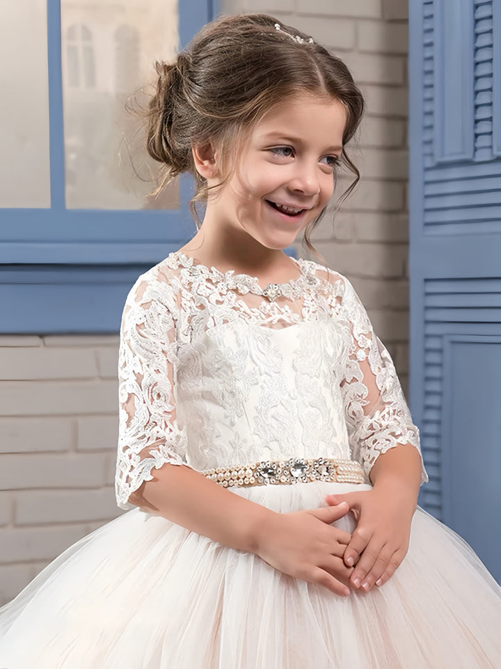 TinyTulle Blush Pink Lace Applique Princess Flower Girl Dress with Train