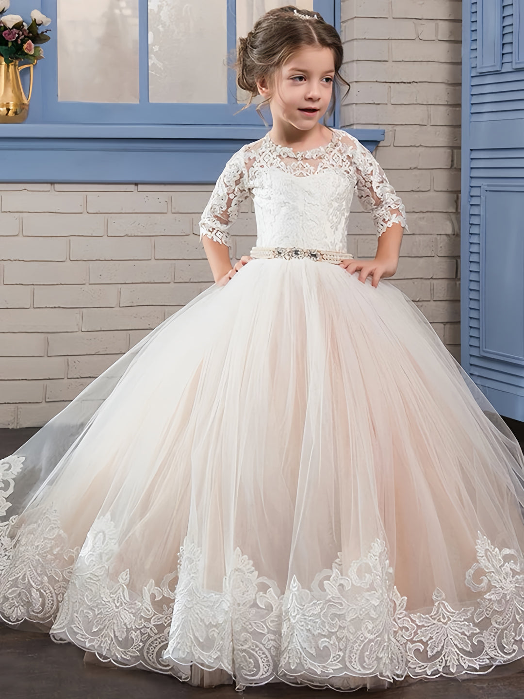 TinyTulle Blush Pink Lace Applique Princess Flower Girl Dress with Train
