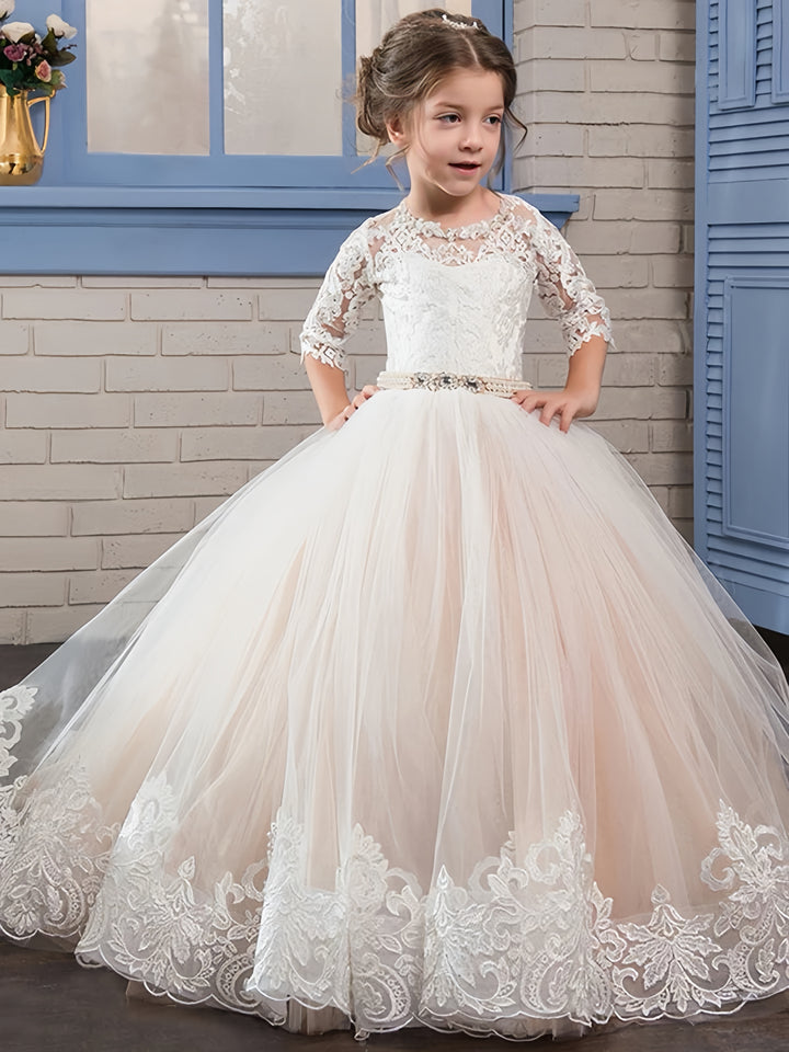 TinyTulle Blush Pink Lace Applique Princess Flower Girl Dress with Train