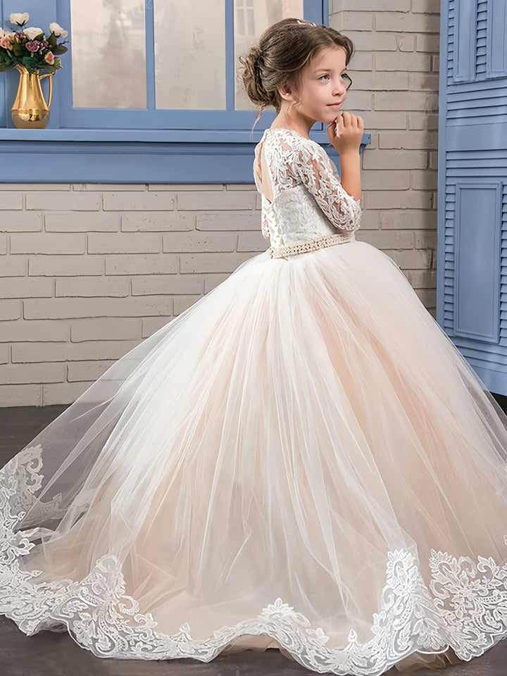TinyTulle Blush Pink Lace Applique Princess Flower Girl Dress with Train
