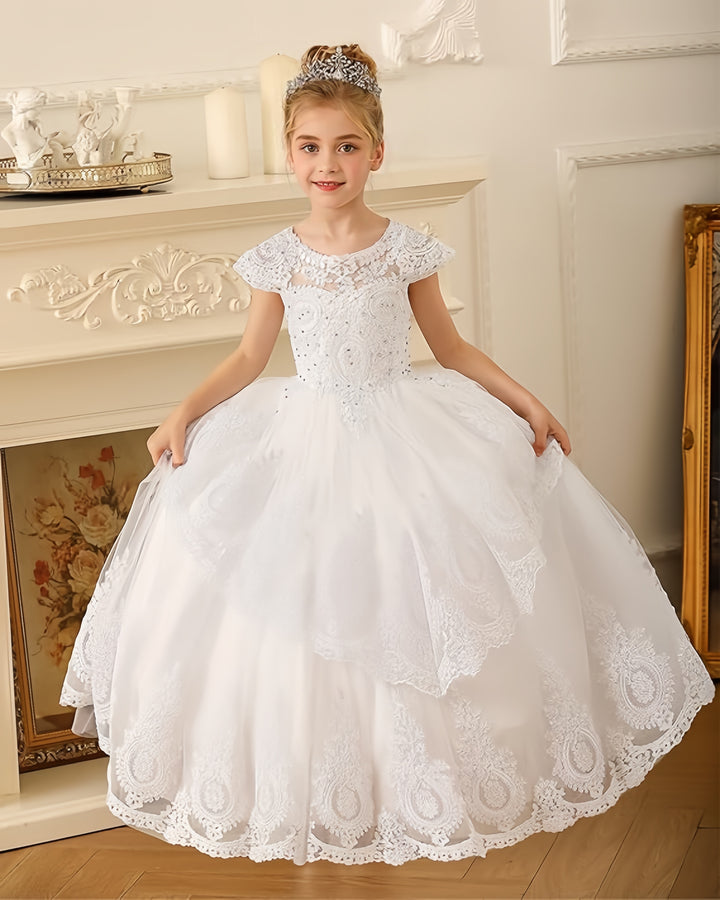 TinyTulle White Princess Layered Tulle Flower Girl Dress with Delicate Lace