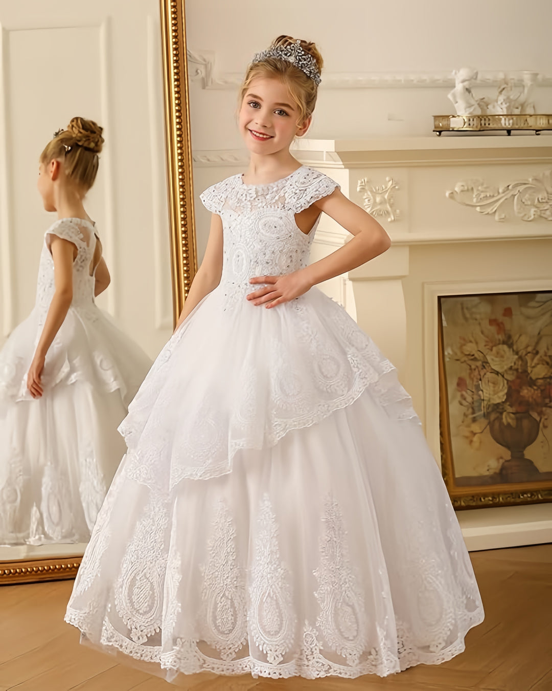 TinyTulle White Princess Layered Tulle Flower Girl Dress with Delicate Lace