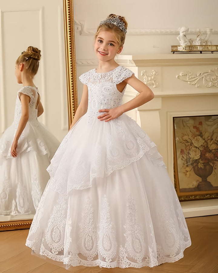 TinyTulle White Princess Layered Tulle Flower Girl Dress with Delicate Lace