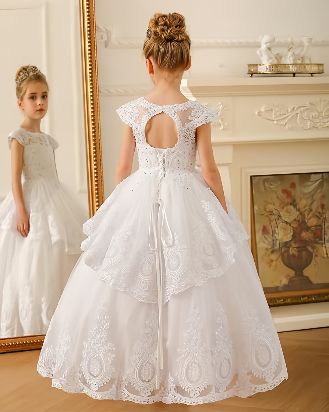 TinyTulle White Princess Layered Tulle Flower Girl Dress with Delicate Lace