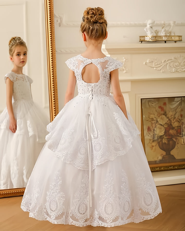 TinyTulle White Princess Layered Tulle Flower Girl Dress with Delicate Lace
