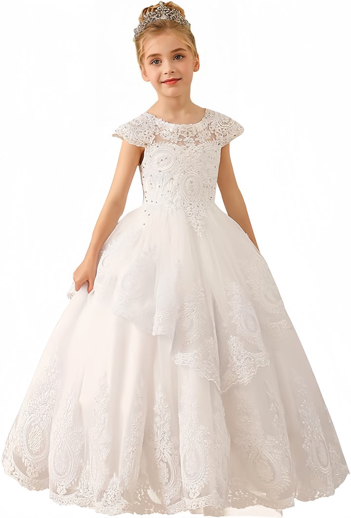 TinyTulle White Princess Layered Tulle Flower Girl Dress with Delicate Lace