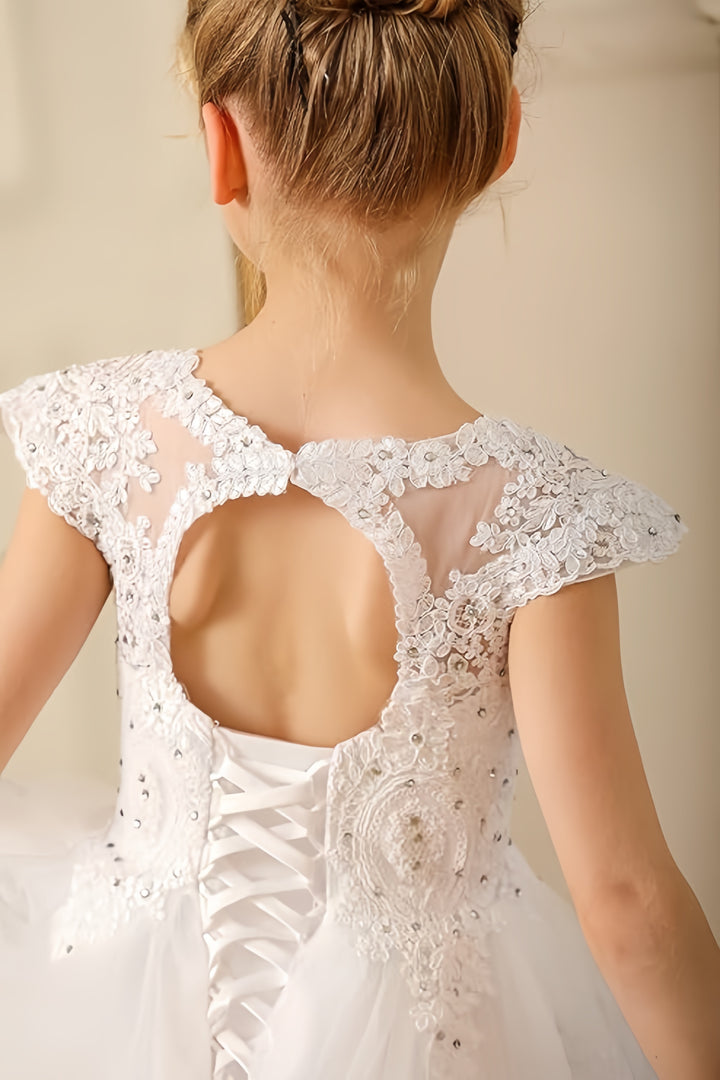 TinyTulle White Princess Layered Tulle Flower Girl Dress with Delicate Lace