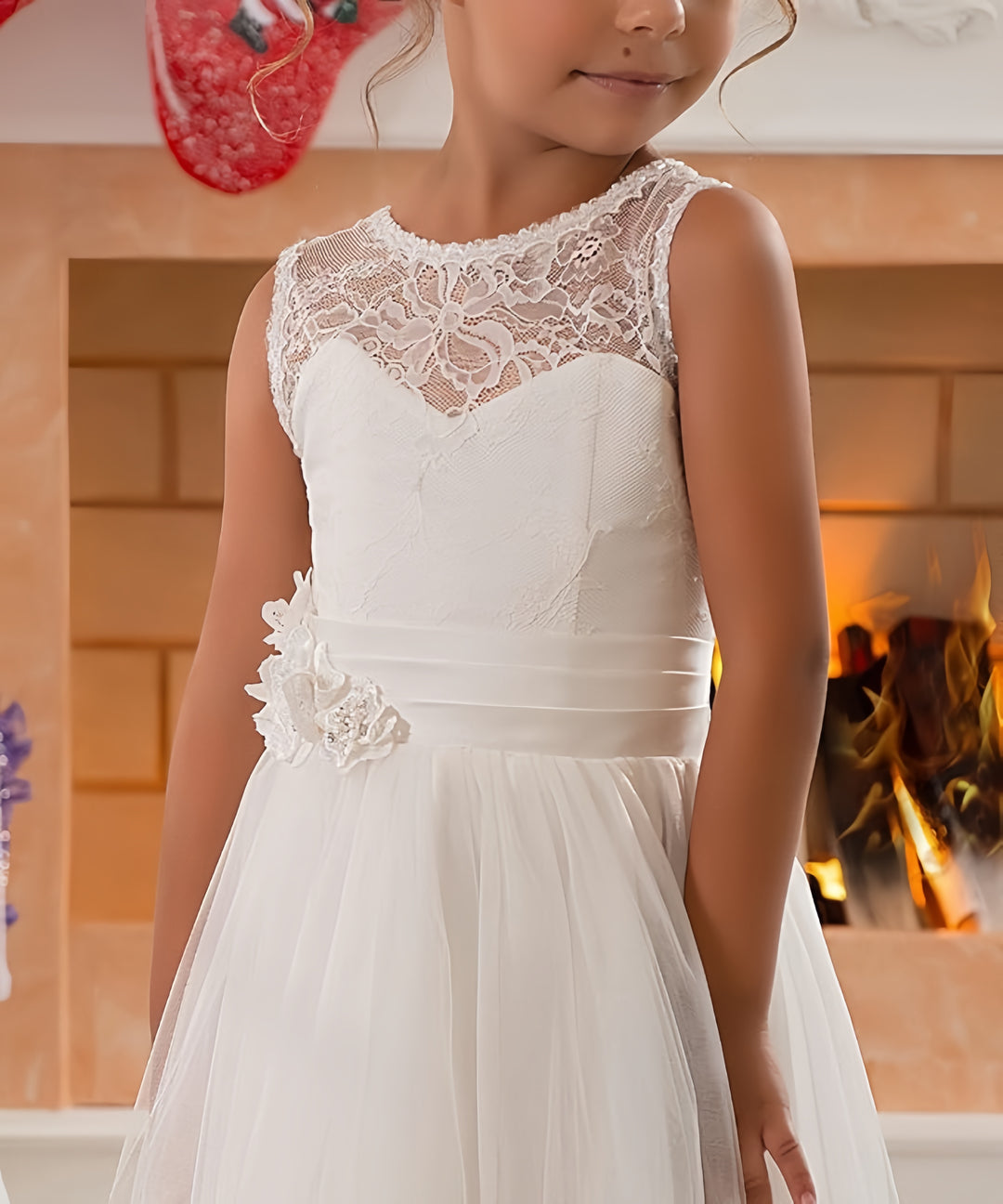 TinyTulle Elegant Ivory Lace Sleeveless A-Line Tulle Flower Girl Dress