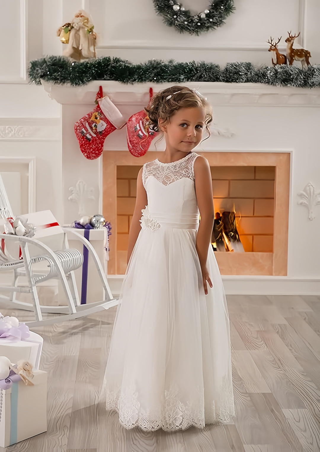 TinyTulle Elegant Ivory Lace Sleeveless A-Line Tulle Flower Girl Dress