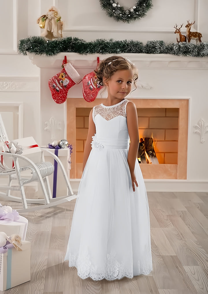 TinyTulle Elegant Ivory Lace Sleeveless A-Line Tulle Flower Girl Dress