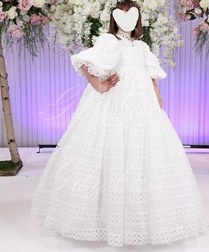 TinyTulle Vintage White High Waist Lace Puff Sleeve Ball Gown Flower Girl Dress