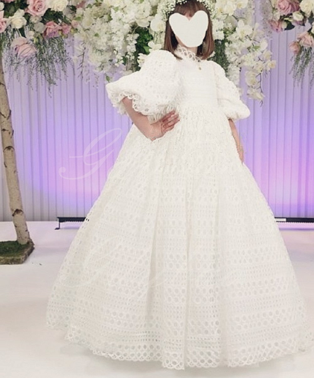 TinyTulle Vintage White High Waist Lace Puff Sleeve Ball Gown Flower Girl Dress