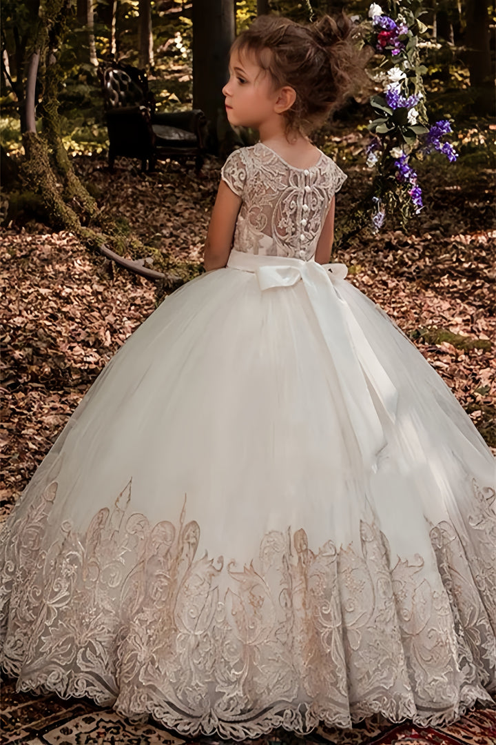 TinyTulle Elegant White Lace Tulle Flower Girl Dress First Communion Gown