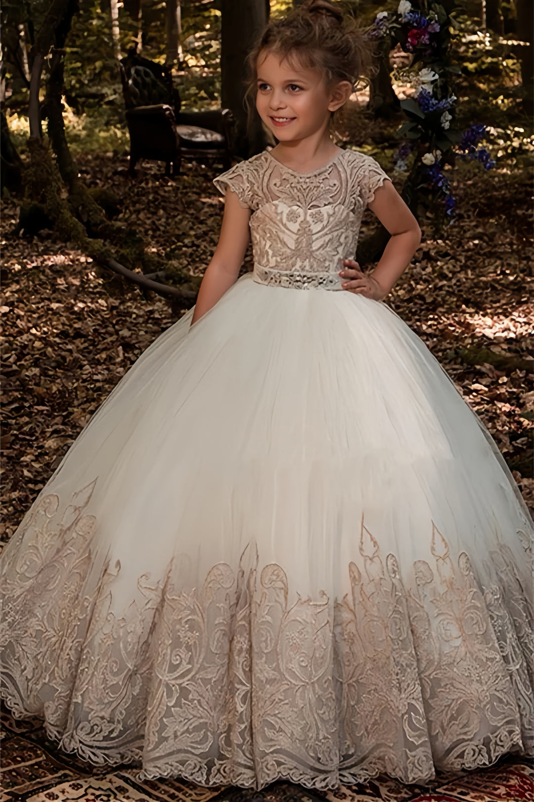 TinyTulle Elegant White Lace Tulle Flower Girl Dress First Communion Gown