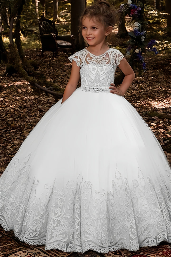 TinyTulle Elegant White Lace Tulle Flower Girl Dress First Communion Gown