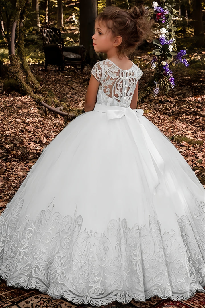 TinyTulle Elegant White Lace Tulle Flower Girl Dress First Communion Gown
